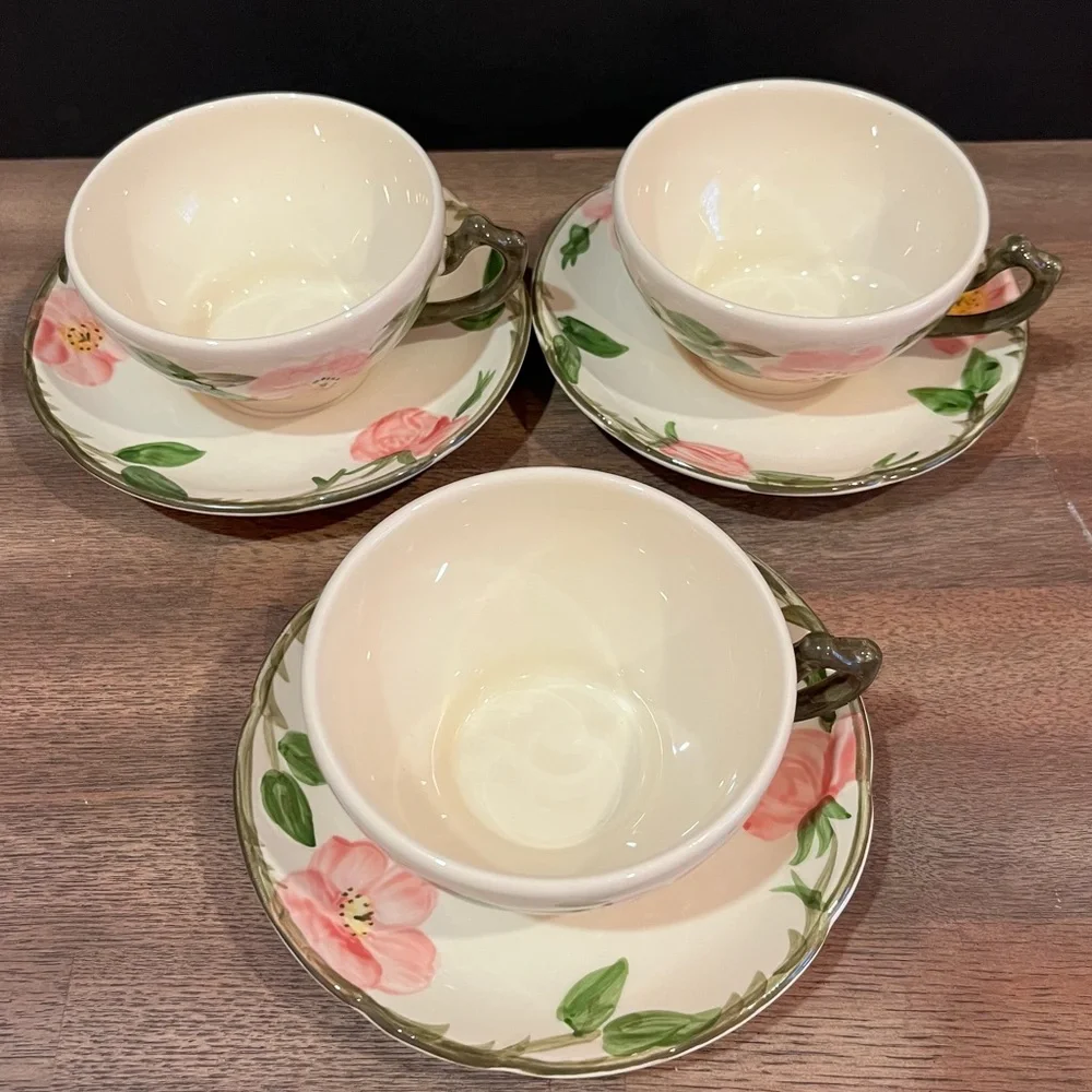Three Vintage Franciscan Desert Rose Flat Cups and Saucers